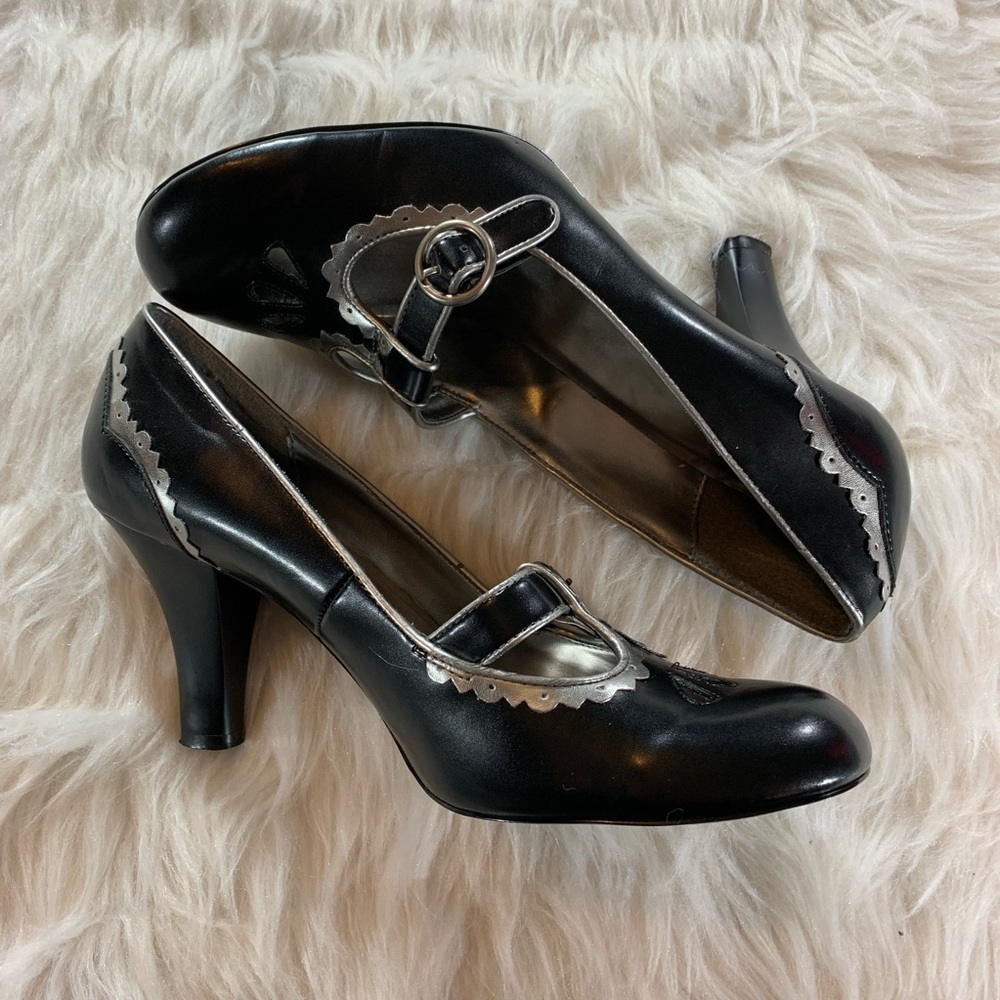 Black Mary Jane Heels with Silver Trim - Women